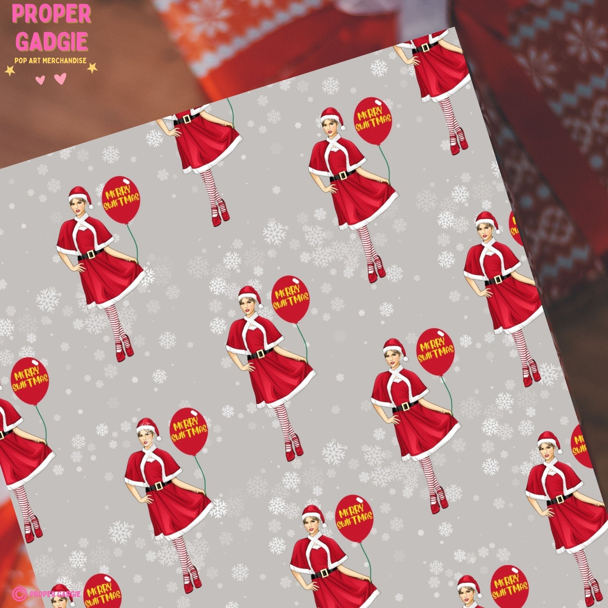 Festive Christmas gift wrap featuring Taylor Swift, perfect for wrapping holiday presents for all Swifties