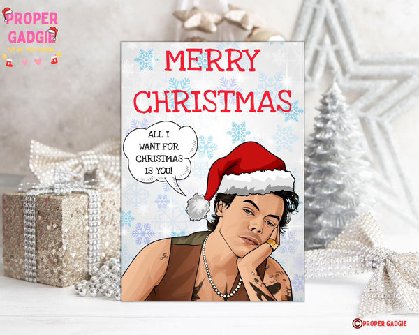 A festive Harry Styles-themed Christmas card adorned with holiday decorations and Harry Styles signature style