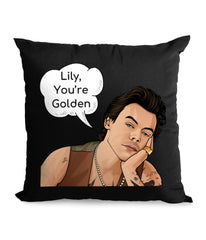 A personalized cushion featuring Harry Styles, customized with a fan's name or message, adding a unique touch to home decor