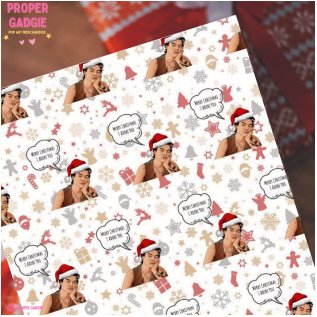 A festive Harry Styles-themed Christmas gift wrap adorned with holiday decorations and Harry Styles signature style