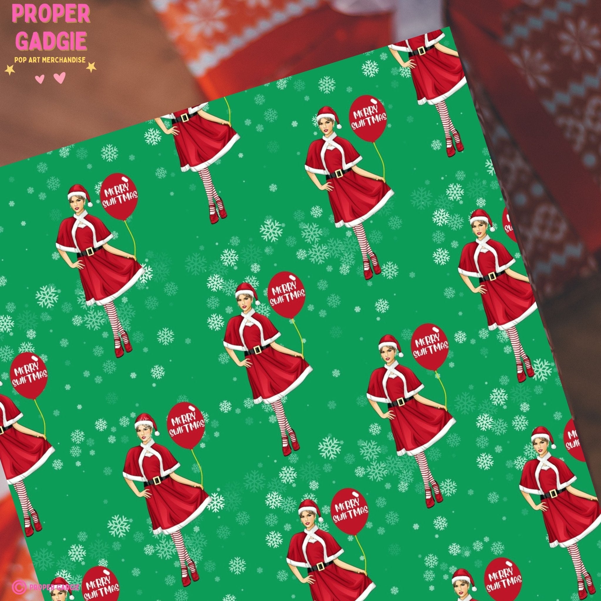 Festive Christmas gift wrap featuring Taylor Swift, perfect for wrapping holiday presents for all Swifties